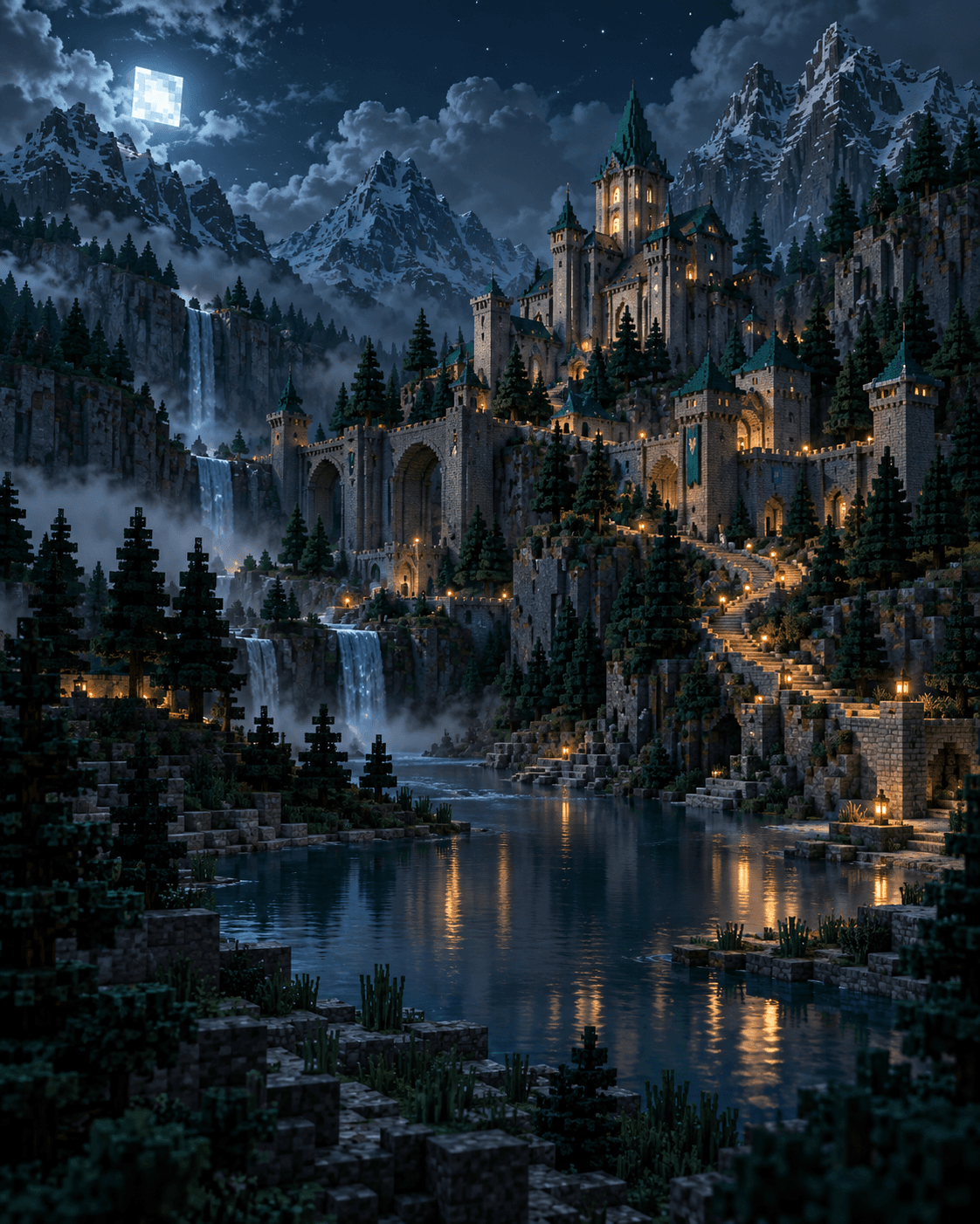 A mountain valley with a river, forests and a castle built from blocks
